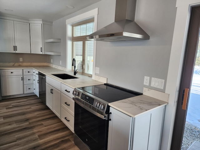 61 Hathaway Hill Rd, Livermore, ME 04253 - kitchen featuring wall chimney exhaust hood, stainless steel range with electric stovetop, a sink, and dark wood-type flooring