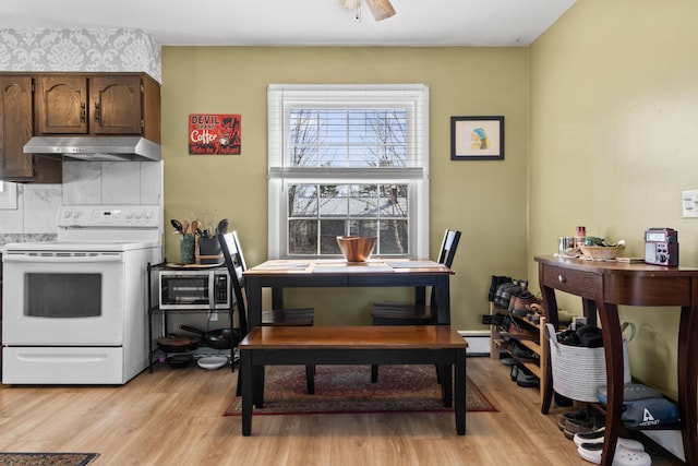 kitchen featuring decorative backsplash, electric stove, light hardwood / wood-style floors, and dark brown cabinetry