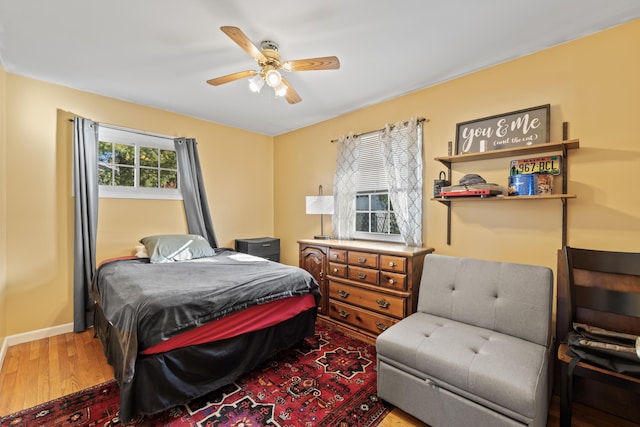 bedroom with ceiling fan and wood-type flooring