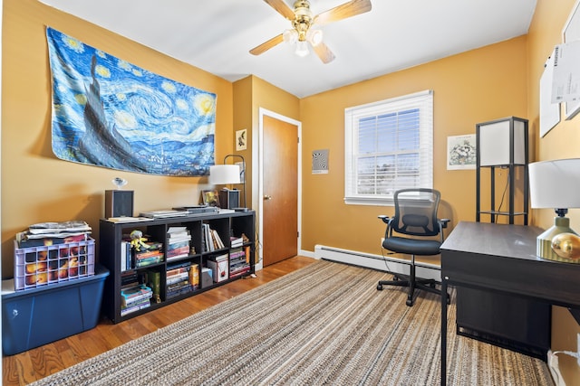 home office with ceiling fan, a baseboard radiator, and hardwood / wood-style flooring