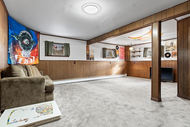 interior space with wood walls and a baseboard heating unit