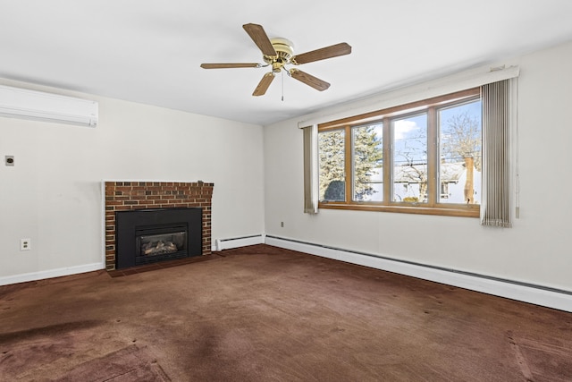 unfurnished living room with carpet, a baseboard heating unit, a fireplace, ceiling fan, and a wall mounted air conditioner