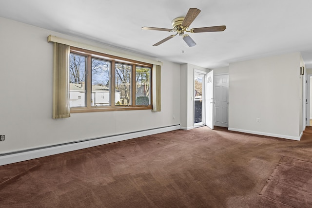 unfurnished living room with ceiling fan, dark carpet, and a baseboard radiator