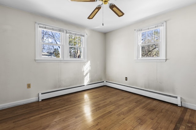 empty room with ceiling fan, dark wood-type flooring, and a baseboard heating unit