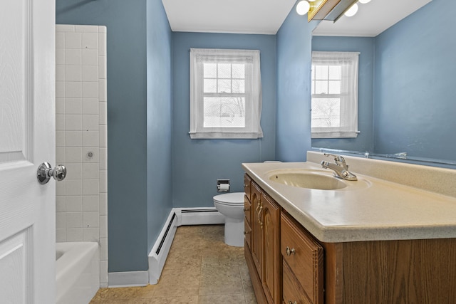 bathroom featuring toilet, vanity, tile patterned flooring, and a baseboard heating unit