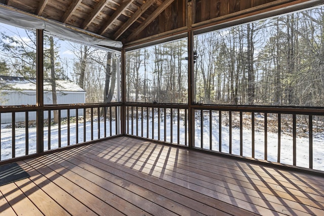 view of snow covered deck