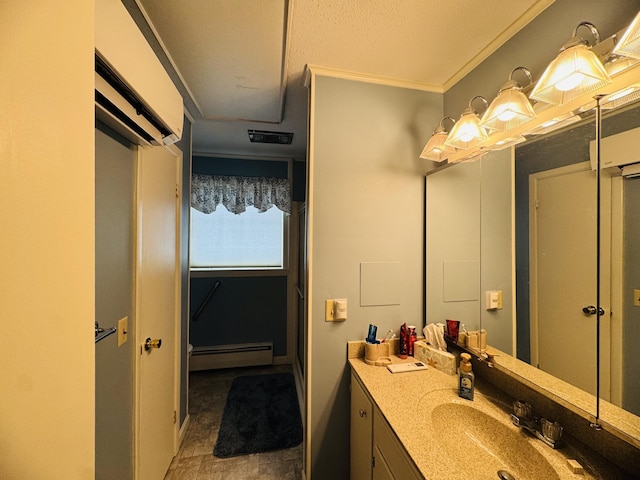 bathroom featuring baseboard heating, vanity, and ornamental molding