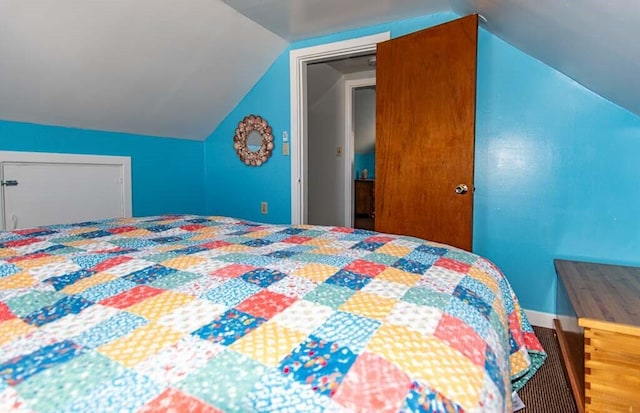 bedroom with vaulted ceiling and a closet