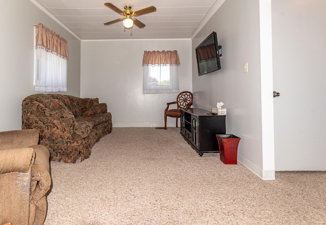 186 Mountain View Ave, Madawaska, ME 04756 - carpeted living room with crown molding, ceiling fan, and baseboards