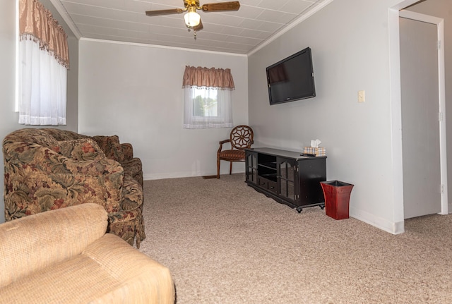 186 Mountain View Ave, Madawaska, ME 04756 - carpeted living area with crown molding, baseboards, and a ceiling fan