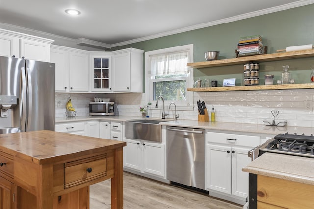 16 Hayden Hill Rd, Litchfield, ME 04350 - kitchen featuring appliances with stainless steel finishes, wooden counters, a sink, crown molding, and decorative backsplash
