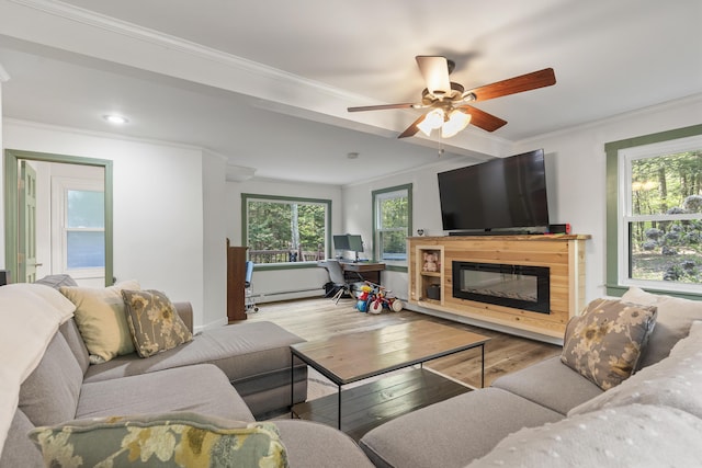 16 Hayden Hill Rd, Litchfield, ME 04350 - living room featuring crown molding, hardwood / wood-style floors, a baseboard heating unit, ceiling fan, and a glass covered fireplace