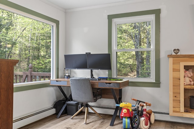 16 Hayden Hill Rd, Litchfield, ME 04350 - office space featuring a baseboard radiator, ornamental molding, and wood finished floors