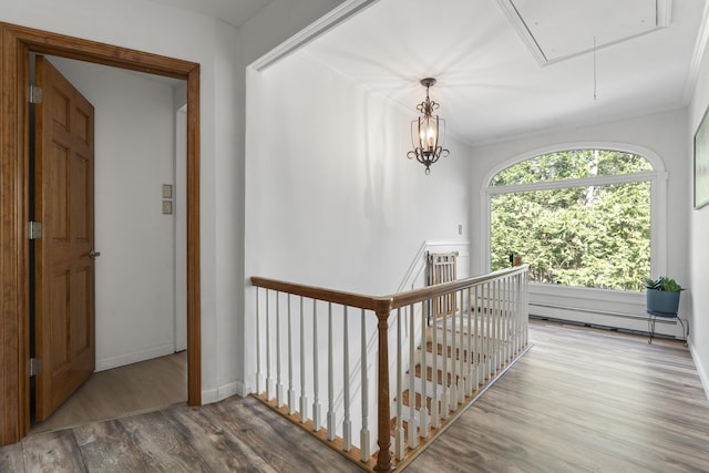 16 Hayden Hill Rd, Litchfield, ME 04350 - hallway featuring attic access, an upstairs landing, wood finished floors, a baseboard radiator, and ornamental molding