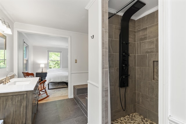 16 Hayden Hill Rd, Litchfield, ME 04350 - ensuite bathroom with crown molding, tiled shower, vanity, and a wainscoted wall