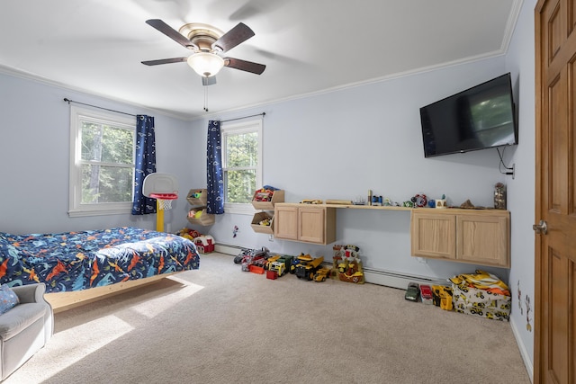 16 Hayden Hill Rd, Litchfield, ME 04350 - bedroom featuring carpet flooring, a baseboard radiator, ornamental molding, and a ceiling fan