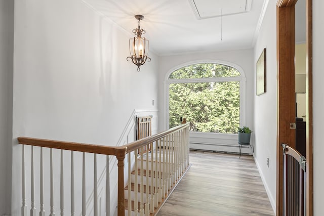 16 Hayden Hill Rd, Litchfield, ME 04350 - corridor with attic access, an upstairs landing, wood finished floors, crown molding, and a baseboard radiator