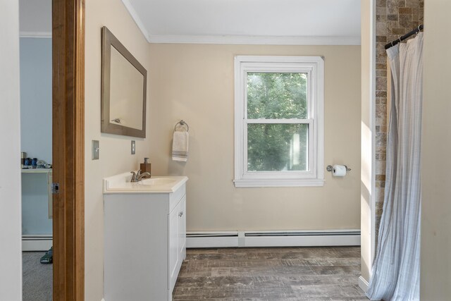 16 Hayden Hill Rd, Litchfield, ME 04350 - full bathroom featuring a baseboard radiator, vanity, crown molding, wood finished floors, and a shower with curtain