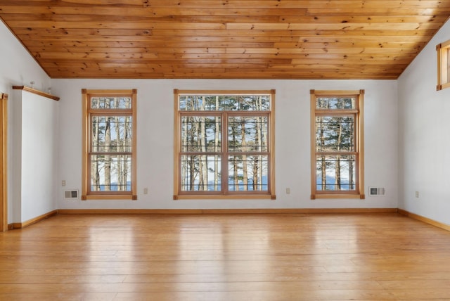 unfurnished room with wooden ceiling, light hardwood / wood-style flooring, and lofted ceiling