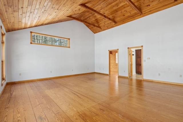 unfurnished room with wooden ceiling, light hardwood / wood-style flooring, beam ceiling, and high vaulted ceiling