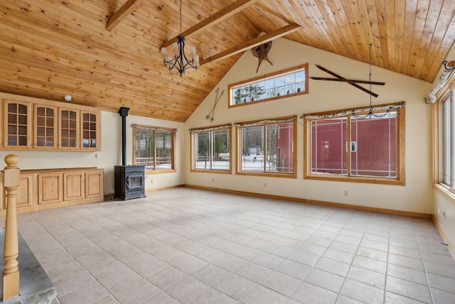 unfurnished living room with beam ceiling, light tile patterned floors, a wood stove, wooden ceiling, and high vaulted ceiling