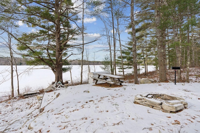 snowy yard with a fire pit