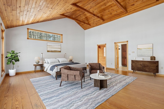 bedroom featuring high vaulted ceiling, beamed ceiling, light hardwood / wood-style floors, and wooden ceiling