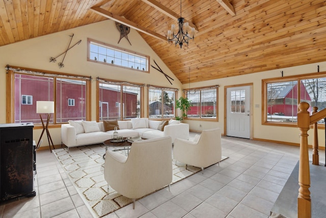 living room featuring beamed ceiling, an inviting chandelier, high vaulted ceiling, wooden ceiling, and light tile patterned floors