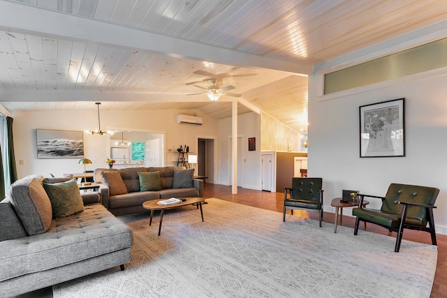 living room featuring ceiling fan with notable chandelier, wood ceiling, lofted ceiling with beams, light wood-type flooring, and a wall mounted air conditioner