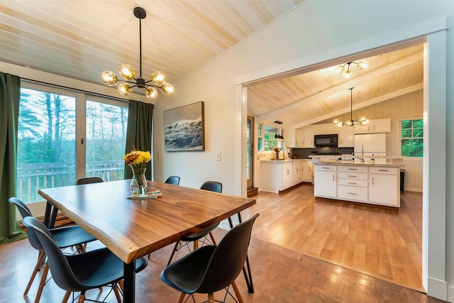 dining area with light wood-type flooring, wooden ceiling, vaulted ceiling with beams, and a notable chandelier