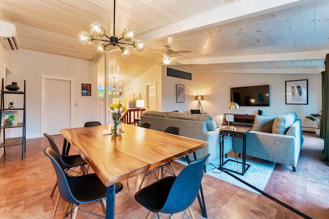 dining room featuring wood ceiling, a wall mounted AC, ceiling fan with notable chandelier, and vaulted ceiling with beams