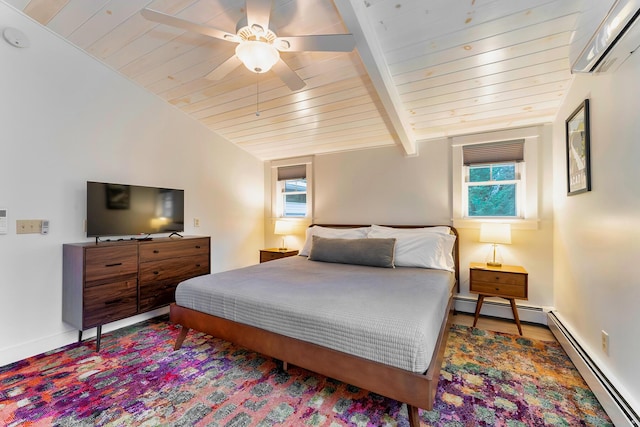 bedroom featuring baseboard heating, ceiling fan, multiple windows, and a wall mounted air conditioner