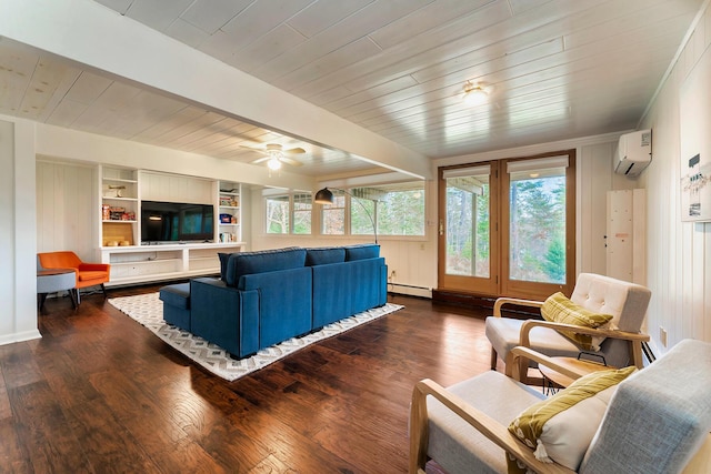 living room featuring ceiling fan, a wall mounted AC, dark hardwood / wood-style flooring, and a baseboard radiator