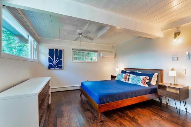 bedroom featuring ceiling fan, dark hardwood / wood-style floors, a wall unit AC, beamed ceiling, and a baseboard radiator