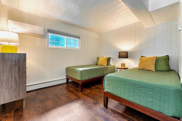 bedroom featuring beam ceiling, baseboard heating, dark hardwood / wood-style flooring, and a wall unit AC