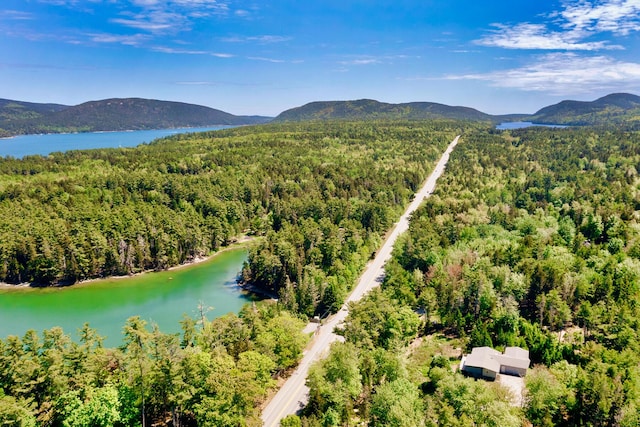 bird's eye view featuring a water and mountain view