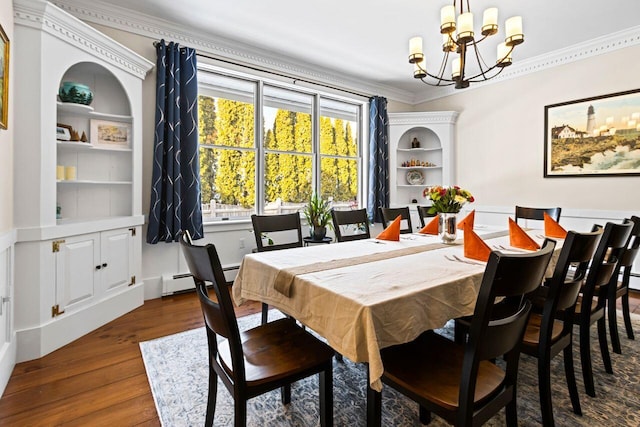 dining area featuring a notable chandelier, crown molding, built in features, and dark hardwood / wood-style flooring