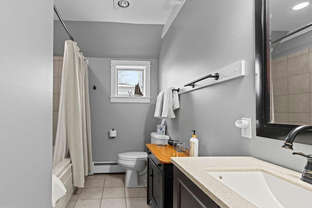 full bathroom featuring toilet, baseboard heating, vanity, shower / bath combo, and tile patterned flooring