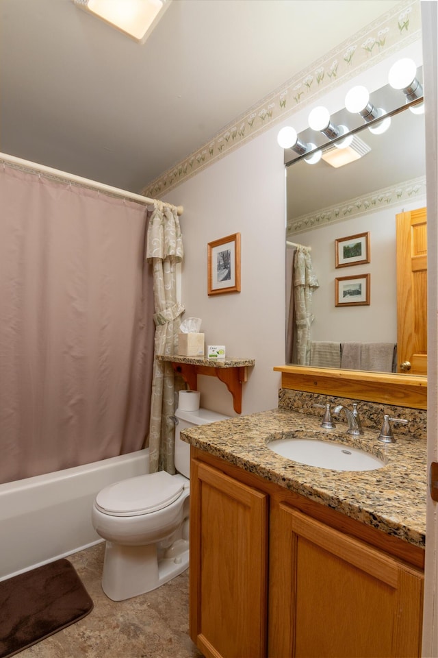 full bathroom featuring toilet, shower / bathtub combination with curtain, and vanity