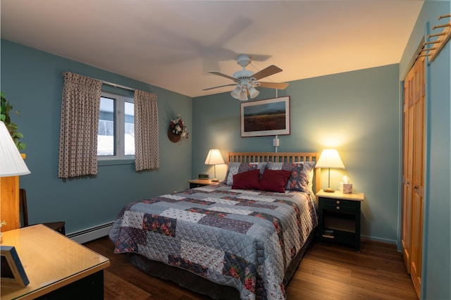 bedroom with a closet, dark hardwood / wood-style flooring, ceiling fan, and a baseboard radiator