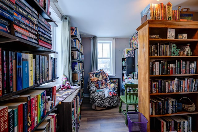 home office with dark wood-type flooring