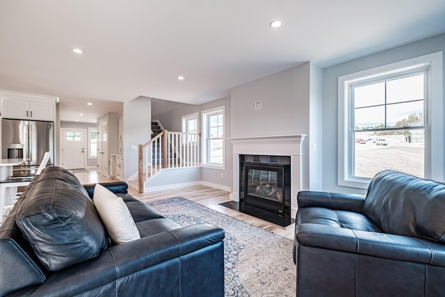 living room featuring a healthy amount of sunlight and light hardwood / wood-style flooring