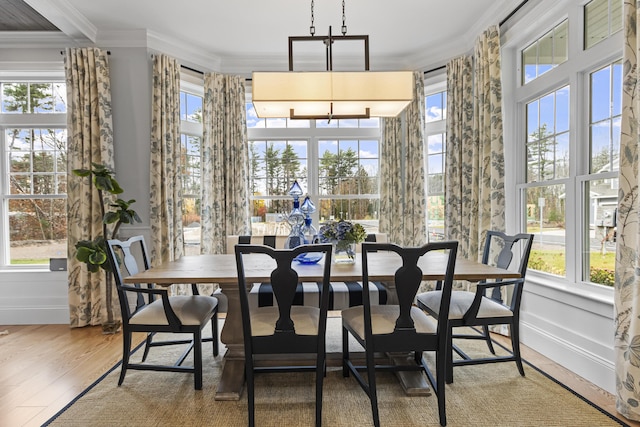 dining area featuring hardwood / wood-style flooring and crown molding