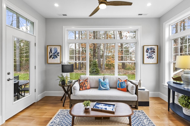 sunroom / solarium featuring ceiling fan and a healthy amount of sunlight