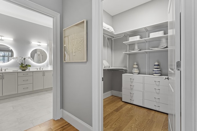 spacious closet with sink and light wood-type flooring