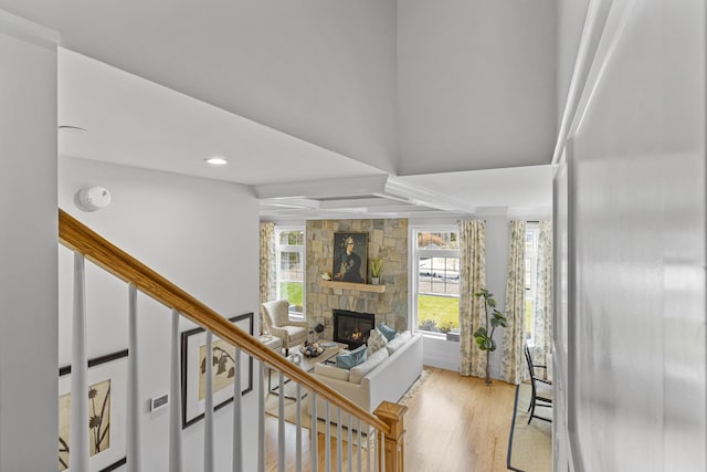 interior space featuring wood-type flooring and a fireplace