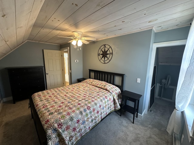 bedroom with lofted ceiling, carpet, wood ceiling, and a ceiling fan