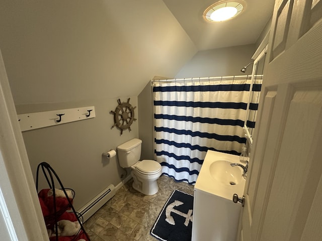 bathroom with toilet, a baseboard radiator, curtained shower, vaulted ceiling, and vanity