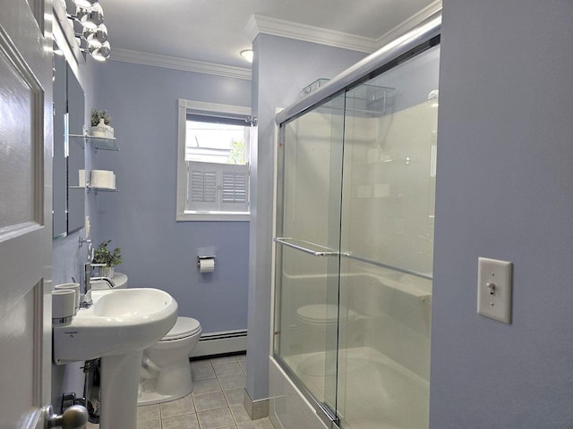 bathroom with toilet, a baseboard radiator, tile patterned flooring, ornamental molding, and shower / bath combination with glass door