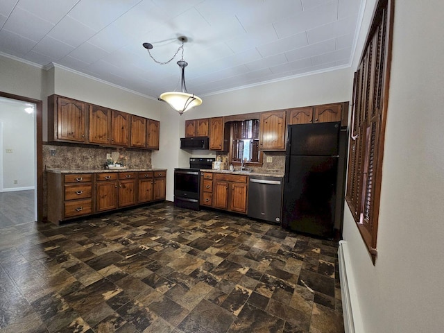 kitchen featuring decorative light fixtures, tasteful backsplash, black appliances, sink, and crown molding